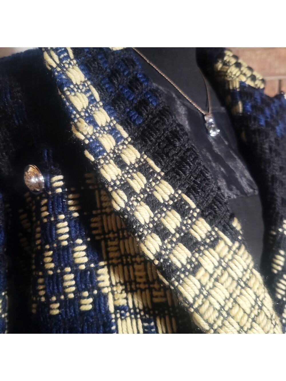 Plaid Textured Women's Jacket in Navy & Cream - Lined - Size L Classic Cottage - Picture 2 of 8